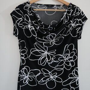 Tahari black and white floral cowl neck blouse